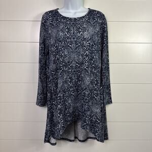 Chico's Paisley Print Long Sleeve Tunic Top Button Back Navy Blue sz 1P / Medium